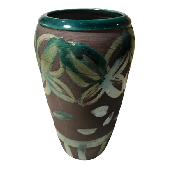 Raku Pottery Vase/Green Geometric Designs on Dark Gray background - Picture 7 of 9